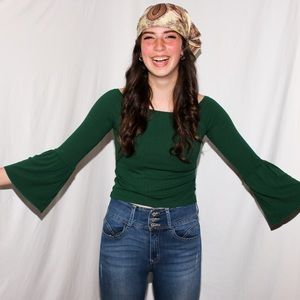 green crop top with flared hippie sleeves